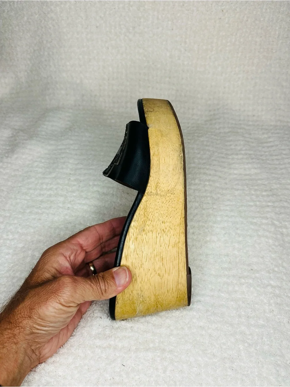 Tory Burch Black Leather Slide Wedge Mules with Logo Strap